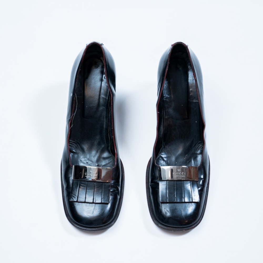 Vintage Gucci Leather Square Toe Pumps Block Heel Size 9.5B